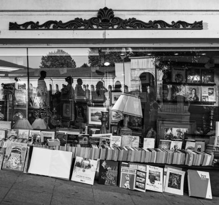Monochrome view of books and reflections in a decorative storefront window.