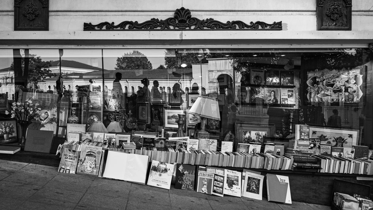 Monochrome view of books and reflections in a decorative storefront window.